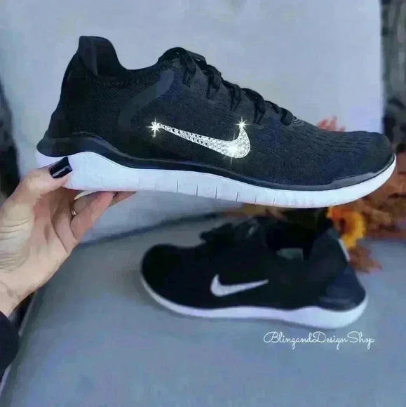 Nike Free RN 2018 Black Sneakers Customized with Crystal Rhinestones - Picture 1 of 8